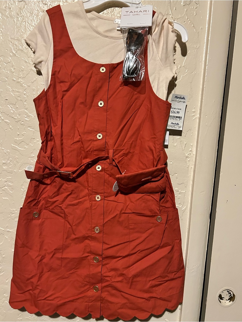 Tahari Red Button-Front Mini Pinafore Dress